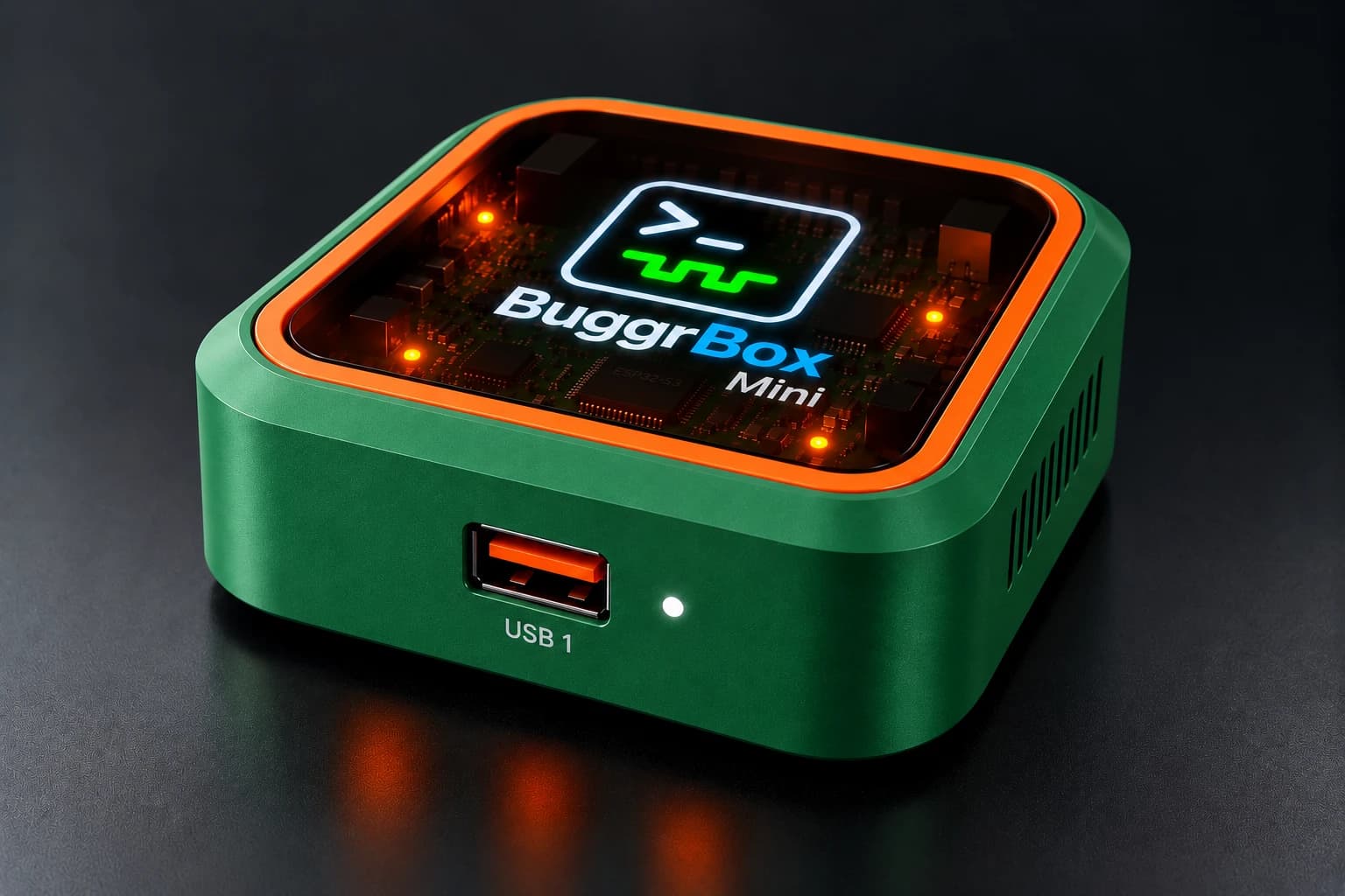 BuggrBox Mini concept render: single-DUT bench instrument with one front USB port