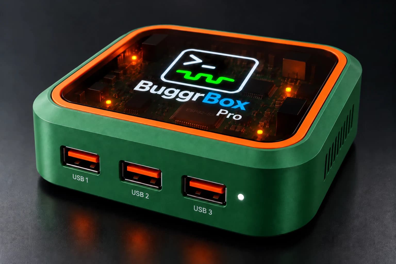 BuggrBox Pro concept render: three-DUT bench instrument with three front USB ports